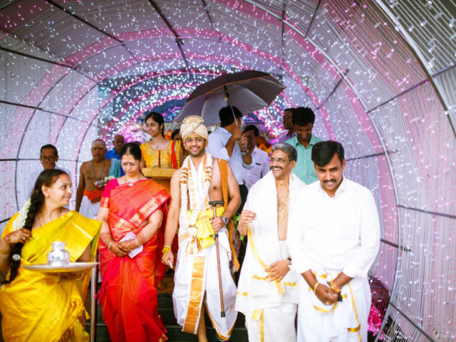 A candid click of Tamil brahmin Groom in Kashi Yatra wedding ritual