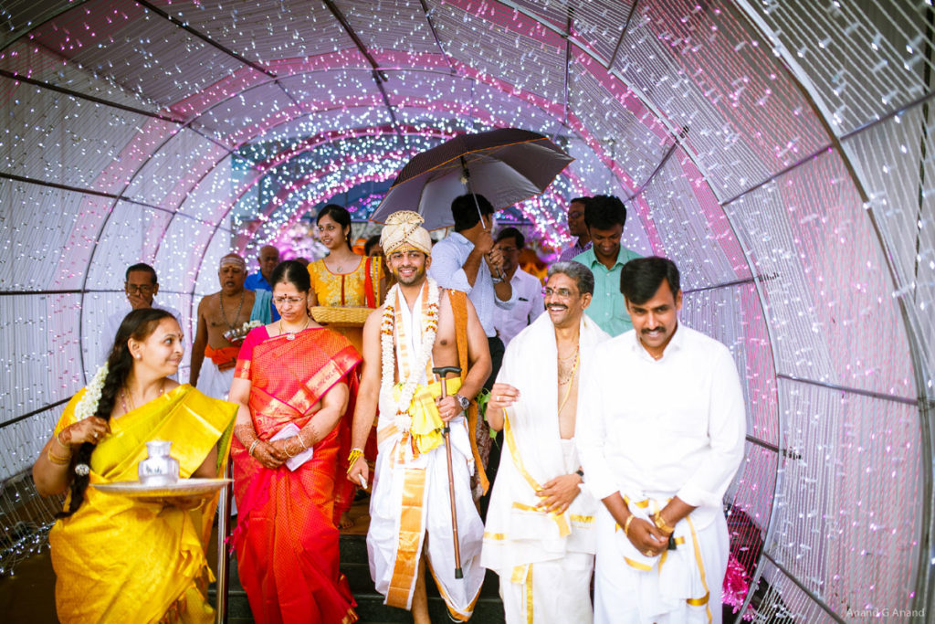 A candid click of Tamil brahmin Groom in Kashi Yatra wedding ritual
